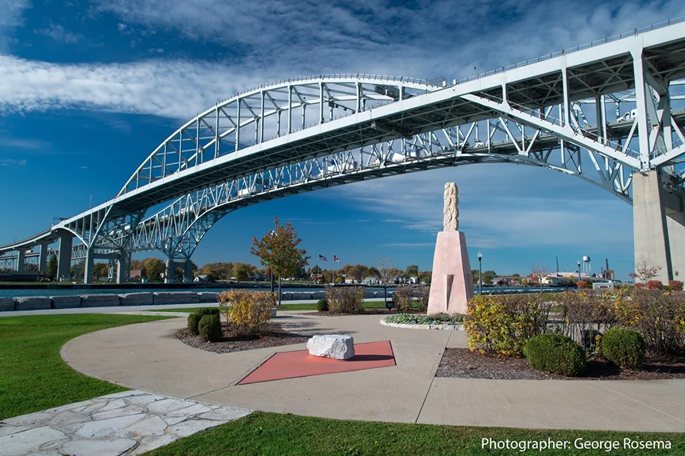 The Blue Water Bridge above The Souls Memorial in Point Edward